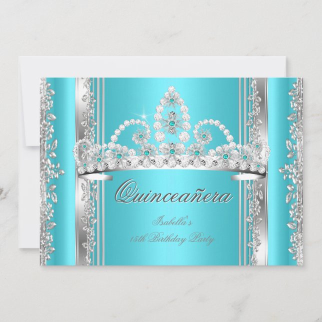 Convites Quinceanera 15 Birthday Teal Blue Silver Tiara b (Frente)