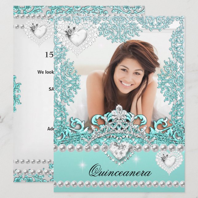 Convites Quinceanera 15 Birthday Teal Blue Silver White (Frente/Verso)