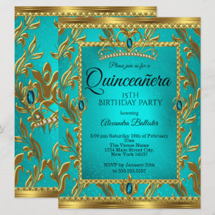 Convites Quinceanera 15 Birthday Teal Blue Tiara Dourada