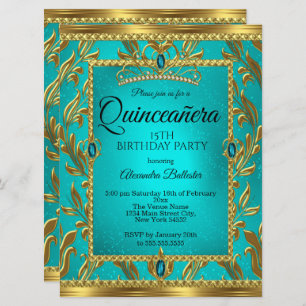 Convites Quinceanera 15 Birthday Teal Blue Tiara Dourada