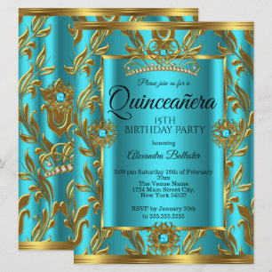 Convites Quinceanera 15 Birthday Teal Blue Tiara Dourado 2