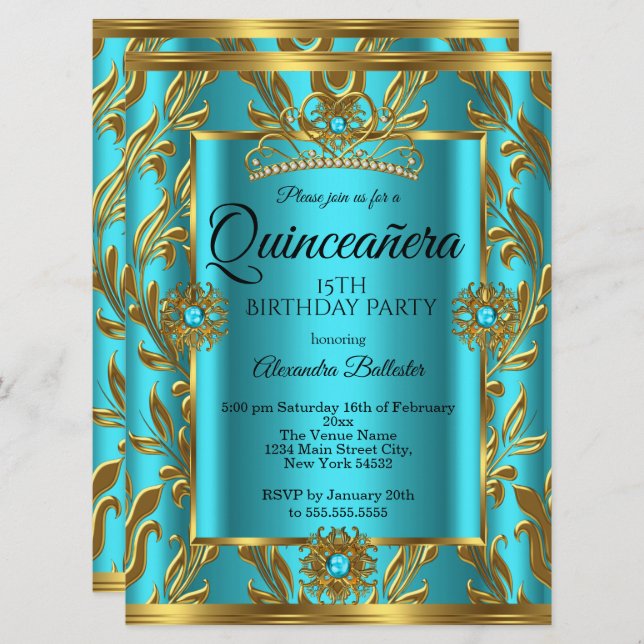 Convites Quinceanera 15 Birthday Teal Blue Tiara Dourado 2 (Frente/Verso)