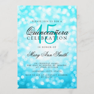 Convites Quinceanera 15 Birthday Turquoise Bokeh Lights