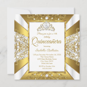 Convites Quinceanera 15 Birthday White Dourado Pearl Tiara