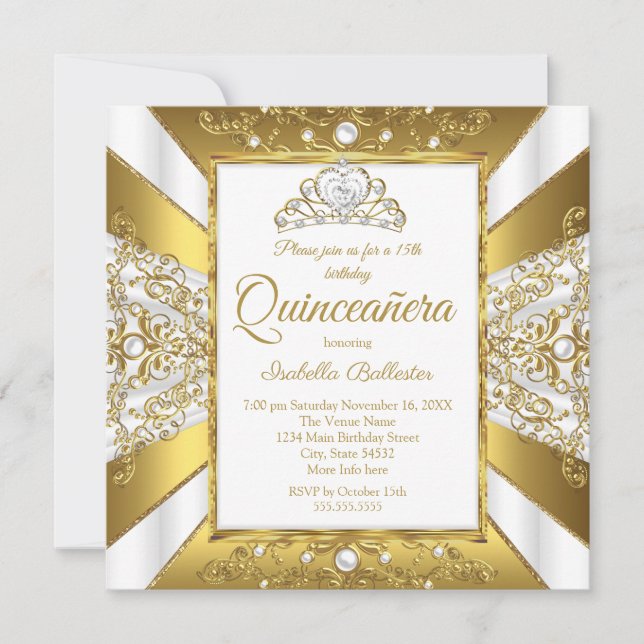 Convites Quinceanera 15 Birthday White Dourado Pearl Tiara (Frente)