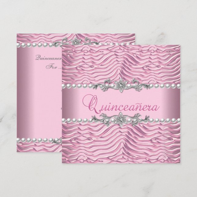 Convites Quinceanera 15 Birthday White Pearl Zebra Rosa Ros (Frente/Verso)