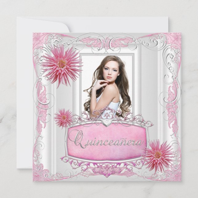 Convites Quinceanera 15 Birthday White Pink Silver Dahlia (Frente)
