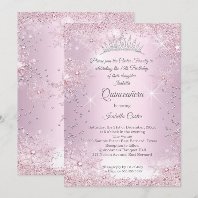 Convites Quinceanera 15 Blush Pink Floco de Neve Rosa Winte (Frente/Verso)