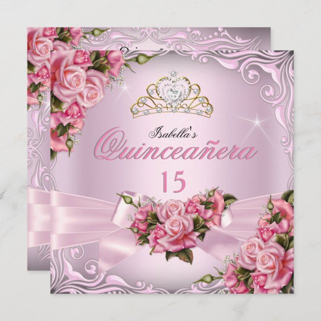 Convites Quinceanera 15 Bonito Rosas Rosa Tiara Aniversário (Frente/Verso)