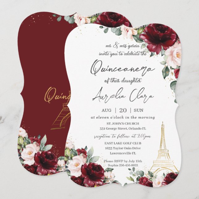 Convites Quinceañera 15 Burgundy Blush Floral Eiffel Paris (Frente/Verso)