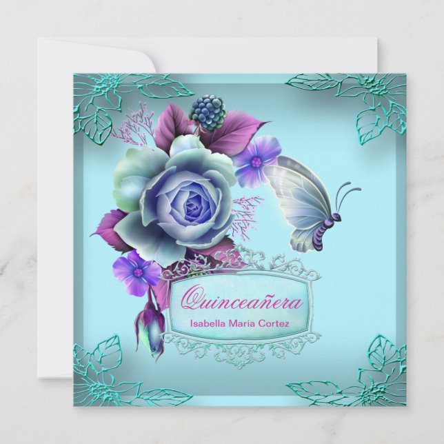Convites Quinceañera 15 Butterfly Teal Purple Party (Frente)