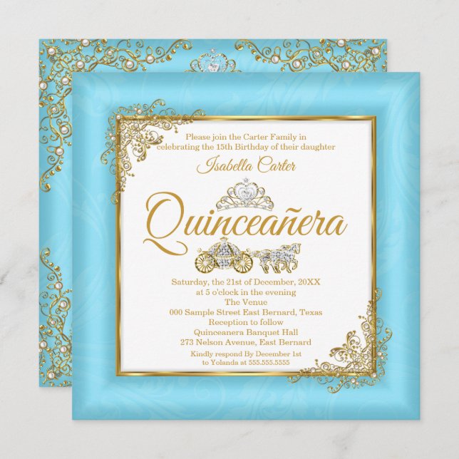 Convites Quinceanera 15 Cinderella Blue Pearl Tiara Foto (Frente/Verso)