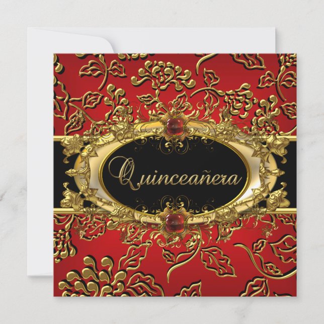 Convites Quinceanera 15 Damask Red Dourado (Frente)