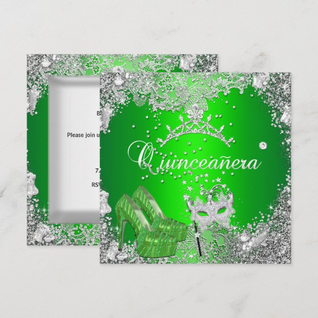 Convites Quinceanera 15 de Aniversário Limão Silver Mask Ti (Frente/Verso)