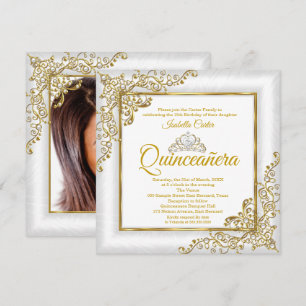 Convites Quinceanera 15 Dourado Pearl Branco Tiara Foto