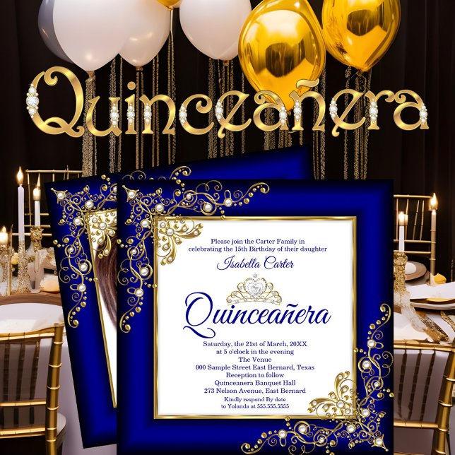 Convites Quinceanera 15 Dourado Royal Blue Pearl Tiara Foto (Criador carregado)