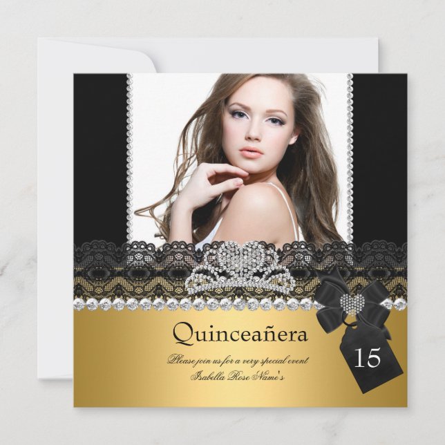 Convites Quinceanera 15 Dourado Silver Photo Lace Preto (Frente)