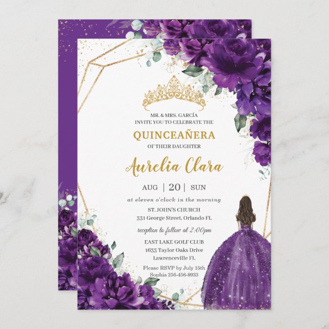 Convites Quinceañera 15 Escuro Roxo Dourado (Frente/Verso)
