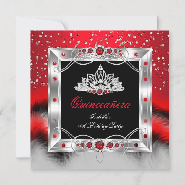 Convites Quinceanera 15 Feather Red Pearl Glamor (Frente)
