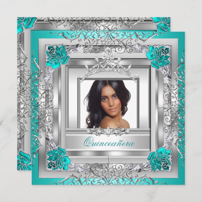 Convites Quinceañera 15 Festa de aniversário Teal Silver Ti (Frente/Verso)