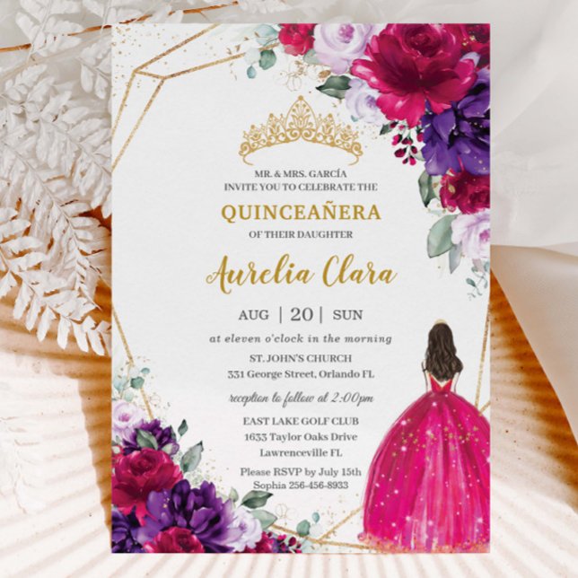 Convites Quinceañera 15 Fuchsia Vestir Roxo Lilac Floral (Criador carregado)