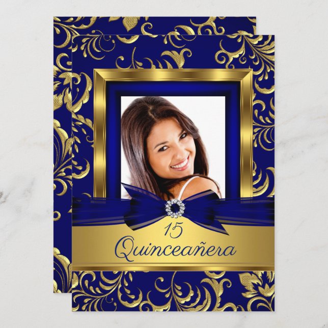 Convites Quinceanera 15 Marinho Blue Dourado Foto (Frente/Verso)
