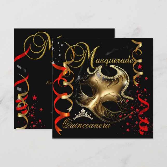 Convites Quinceanera 15 Mascarada Red Dourada Mask (Frente/Verso)