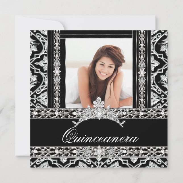 Convites Quinceanera 15 Partido Black White Damask Diamond (Frente)