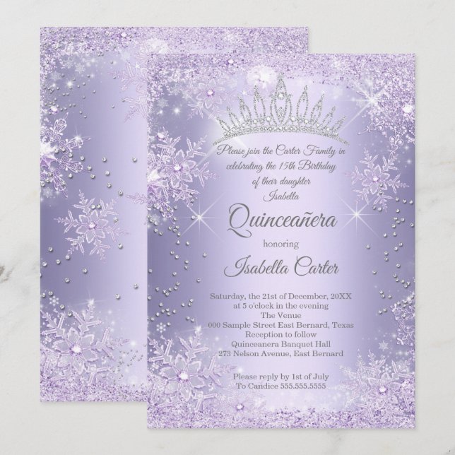 Convites Quinceanera 15 Purple Lilac Snowflake Winter (Frente/Verso)