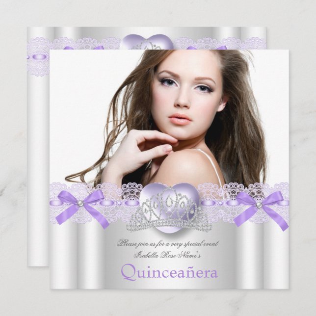Convites Quinceanera 15 Purple Silver Heart Lace Foto 2 (Frente/Verso)