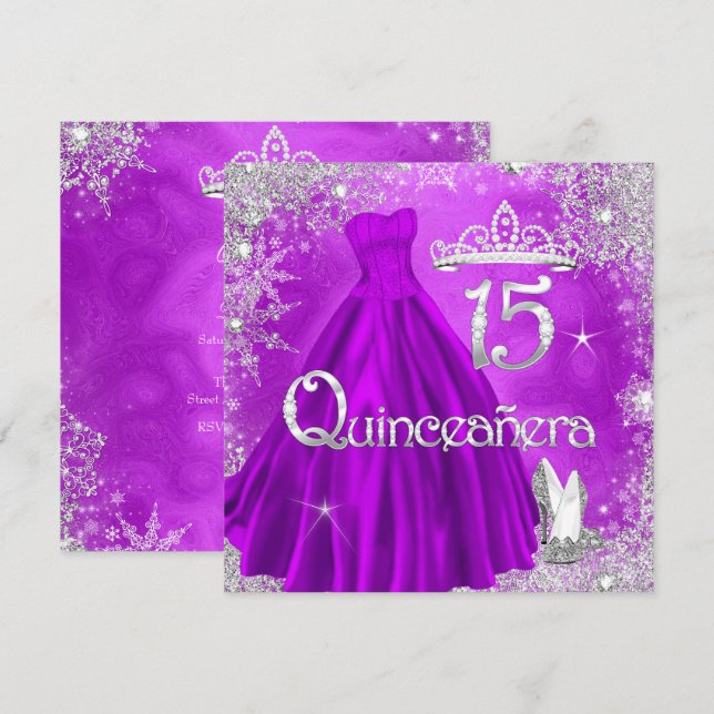 Convites Quinceanera 15 Purple Silver Snowflakes Partido 2 (Frente/Verso)