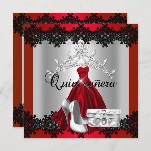 Convites Quinceanera 15 Red Black Silver Diamond Tiara (Frente/Verso)