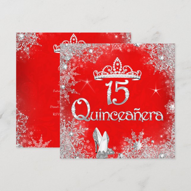 Convites Quinceanera 15 Red Silver Snowflakes Partido 2 (Frente/Verso)