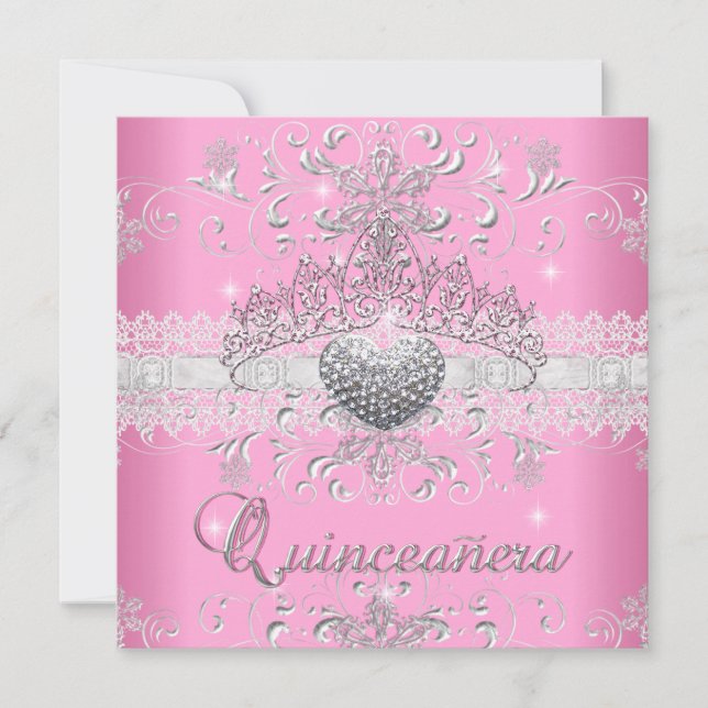 Convites Quinceanera 15 Rosa Glitter Tiara Lace Heart (Frente)