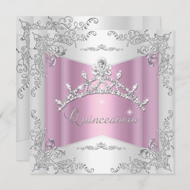 Convites Quinceanera 15 Rosa Prata Branca Tiara (Frente/Verso)