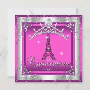 Convites Quinceanera 15 Rosa Prata Tiara Torre Eiffel