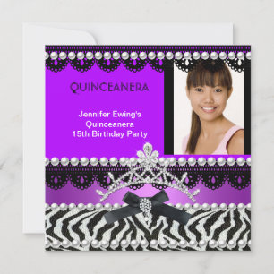 Convites Quinceanera 15 Roxo Zebra Negra Pearl Tiara
