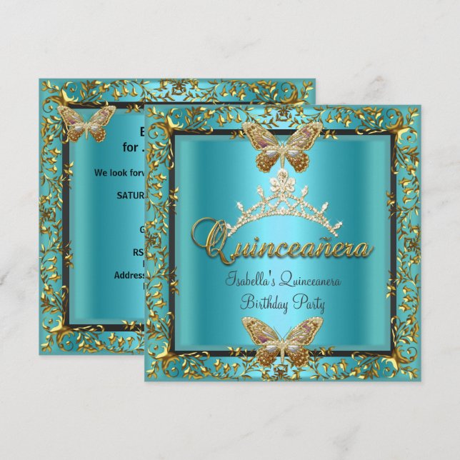 Convites Quinceañera 15 Teal Blue Borboleta Dourada (Frente/Verso)