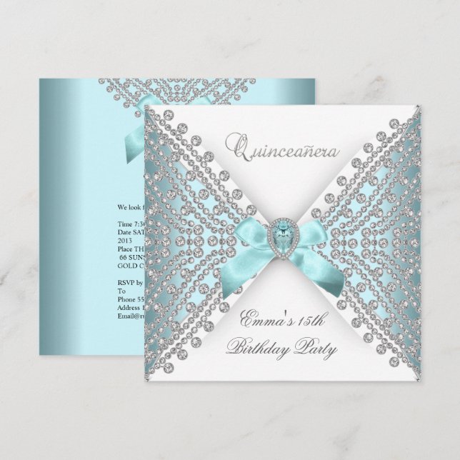 Convites Quinceanera 15 Teal Blue Faux Diamond (Frente/Verso)
