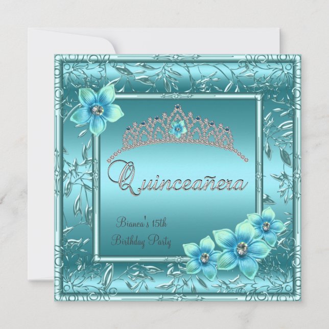 Convites Quinceañera 15 Teal Blue Flower Silver Tiara (Frente)