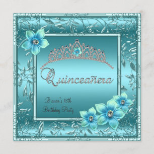 Convites Quinceañera 15 Teal Blue Flower Silver Tiara