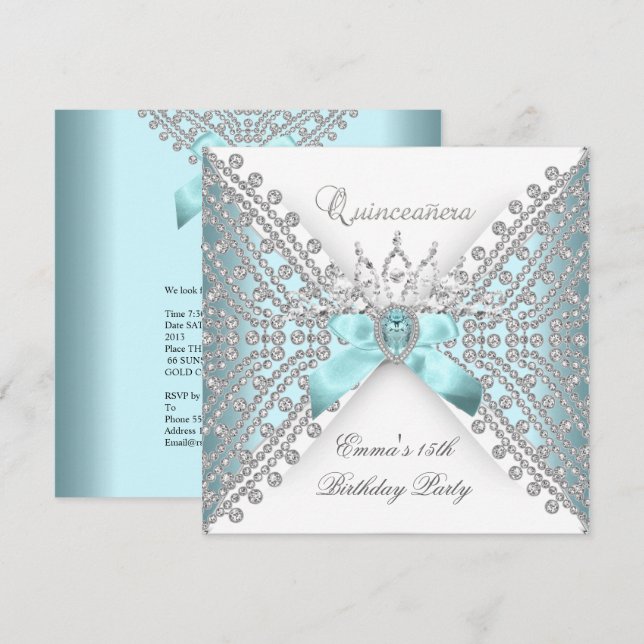 Convites Quinceanera 15 Teal Blue Silver White Diamond (Frente/Verso)