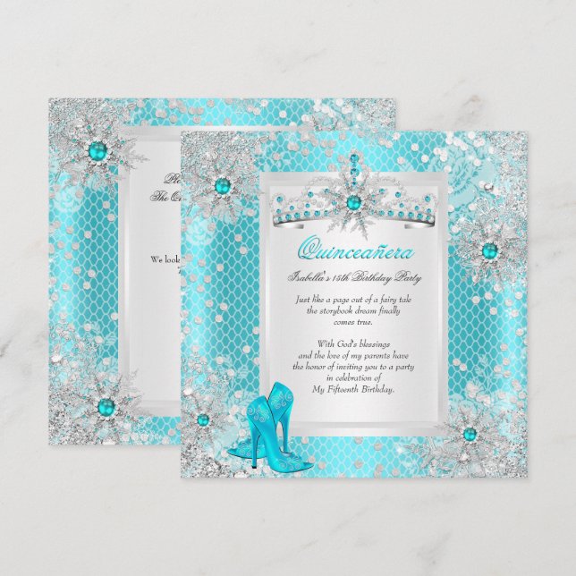 Convites Quinceanera 15 Teal Blue Winter Wonderland (Frente/Verso)