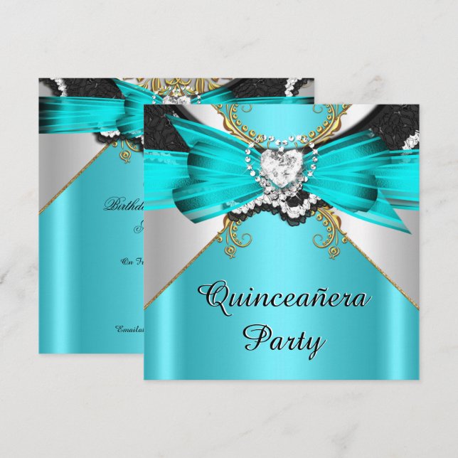 Convites Quinceanera 15 Teal Dourado Lace Jeweled Party (Frente/Verso)