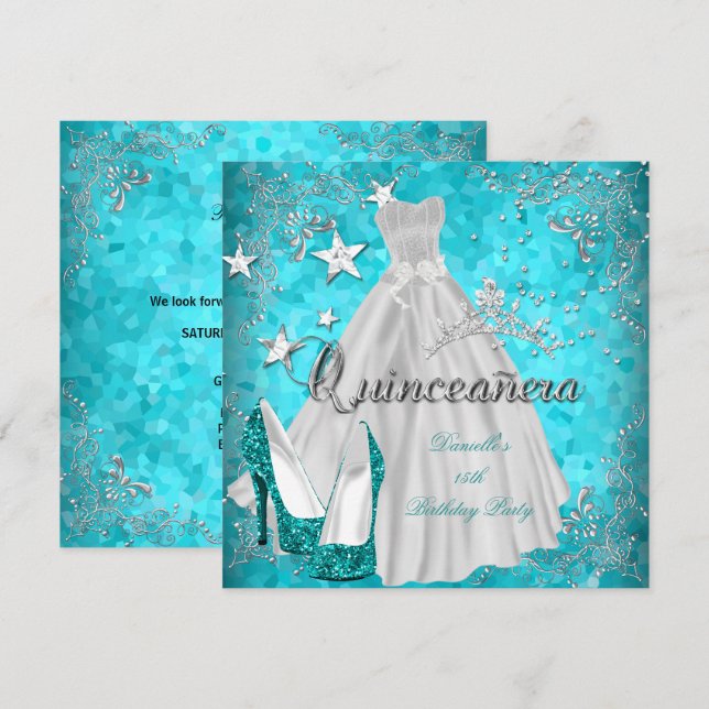 Convites Quinceanera 15 Teal Shimmer Glitter (Frente/Verso)