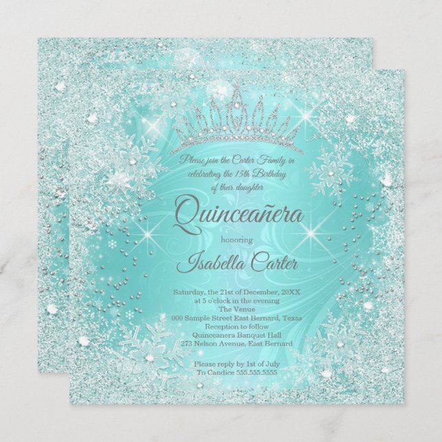 Convites Quinceanera 15 Teal Snowflake Winter Wonderland (Frente/Verso)
