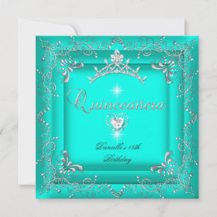 Convites Quinceanera 15 Teal Tiara Silver