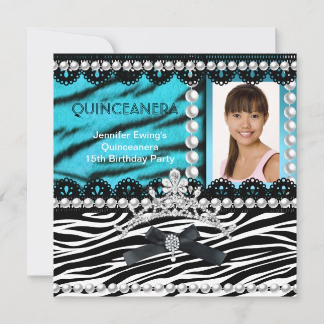 Convites Quinceanera 15 Teal Zebra Negra Teal Tiara (Frente)