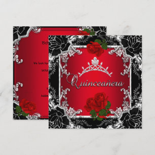 Convites Quinceañera 15 Tiara Preto Prata Rosa Vermelha Flo