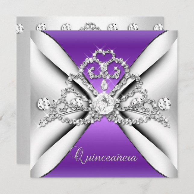 Convites Quinceanera 15 Tiara Purple Silver White (Frente/Verso)